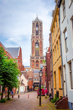 Traditional old street and buildings  in Utrecht, Netherlands.