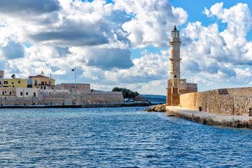 Lighthouse in the Old Venetian Harbour in Chania . Crete. Greece.