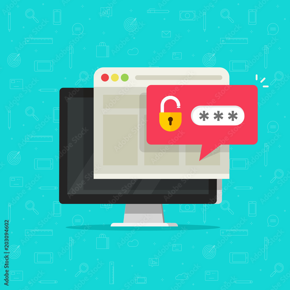 Poster desktop computer with unlocked password bubble notification, flat cartoon pc screen with open lock a