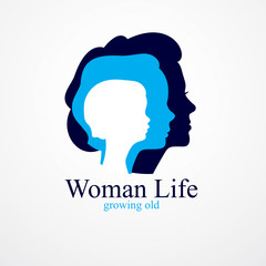 Fototapeta na wymiar Girl maturation age years concept, adulthood idea, the time of life, periods and cycle of life, growing old, from infancy to maturity. Vector simple classic icon or logo design.