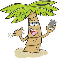 Cartoon illustration of a palm tree holding a cell phone.