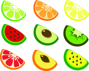 fruit slices orange, kiwi, avocado, citrus, peach, watermelon