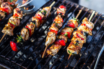 Close up pf delicious chicken breast on wooden skew with fresh vegetables, garlic, paprika fried on...