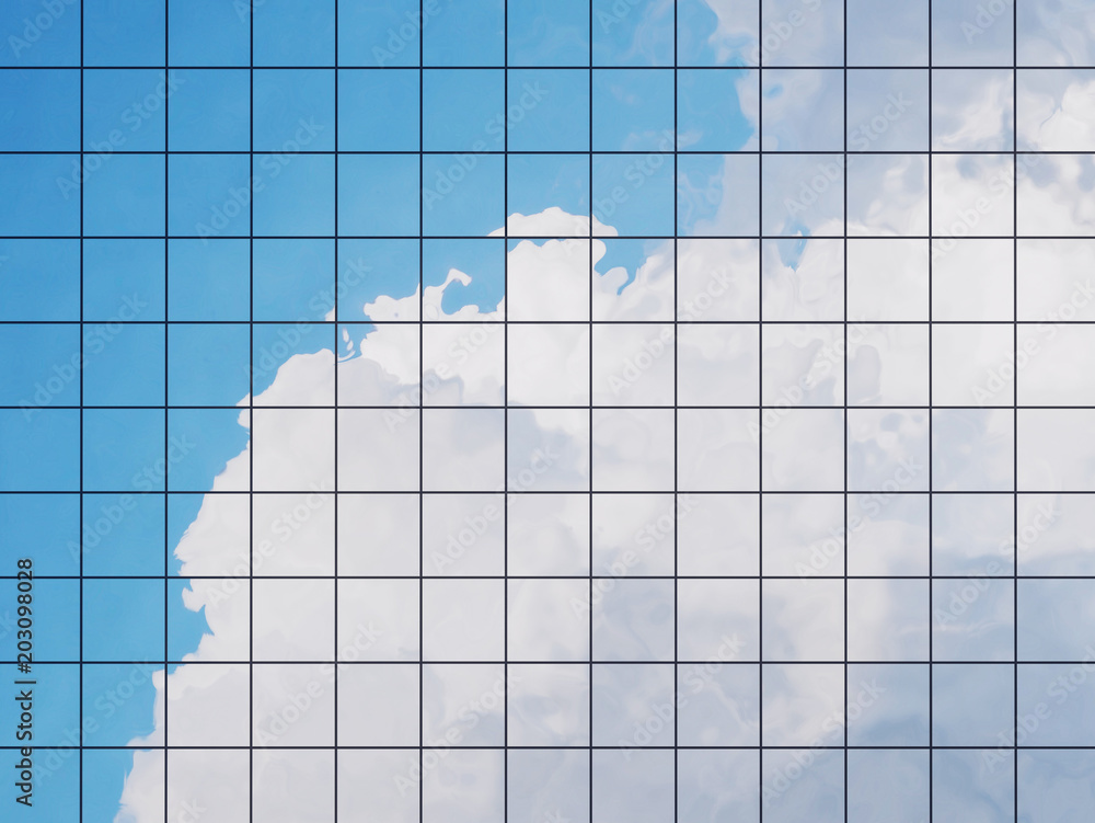 Poster view of the clouds reflected in the glass office building. 3d rendering
