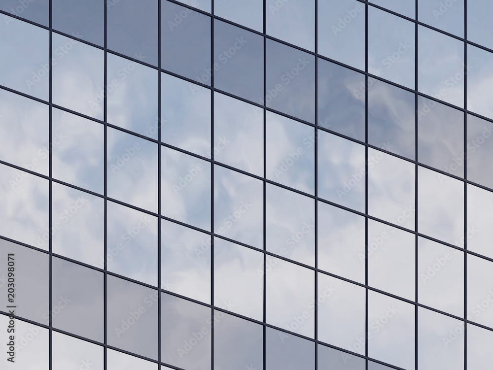 Poster view of the clouds reflected in the glass office building. 3d rendering