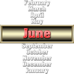 Stock Illustration - Shiny Metallic Red Text: June, 3D Illustration, Isolated Against the White Background.