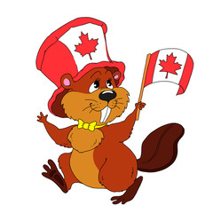 Cheerful cartoon beaver with a flag. Character beaver vector. Happy Canada Day. Illustration isolated on white background.
