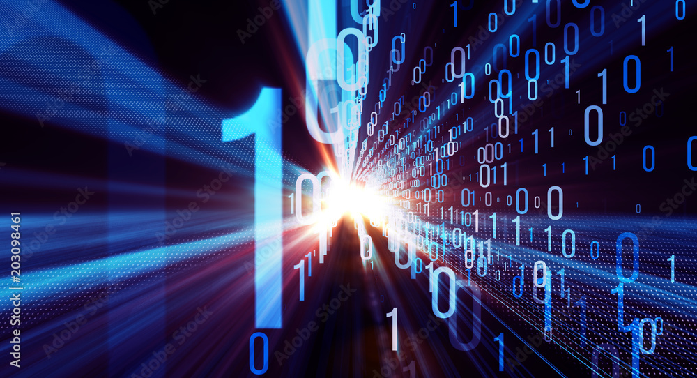 Aufkleber Binary code  background/Color  bytes of binary code flying through a vortex, background code depth of field with lens flares