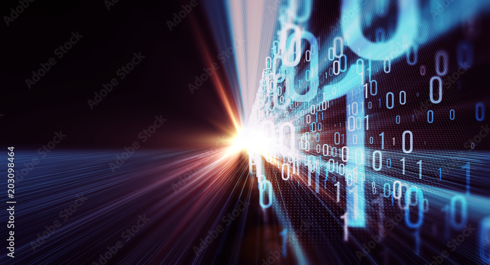 Leinwandbilder Binary code  background/Color  bytes of binary code flying through a vortex, background code depth of field with lens flares