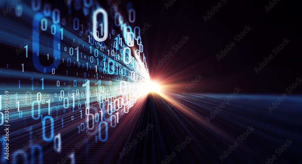 Leinwandbilder Binary code  background/Color  bytes of binary code flying through a vortex, background code depth of field with lens flares
