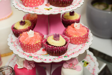 Candy bar. Table with sweets,  cupcakes, candies