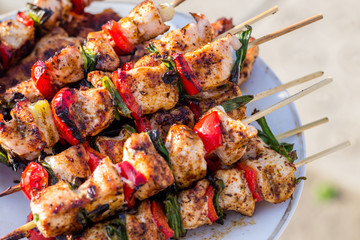 Close up pf delicious chicken breast on wooden skew with fresh vegetables, garlic, paprika fried on mangal barbeque grill