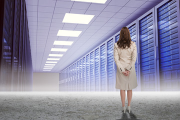 Rear view of businesswoman against server hallway in desert setting