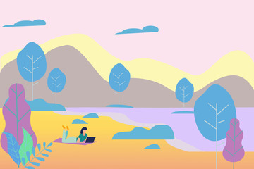 Fantastic landscape with mountains, sea in purple colors, vector illustration flat design
