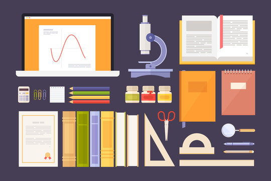 Concept of education. Collection of school supplies: notebook, microscope, books, textbooks, notebooks, scissors, ruler, magnifier, diploma, calculator, paints, pens, paper clips. Vector illustration.