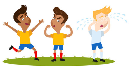 Torjubel, zwei erfolgreiche südamerikanische Cartoon Fußballspieler in gelben Trikots, posieren stolz, Gegenspieler heult - obrazy, fototapety, plakaty