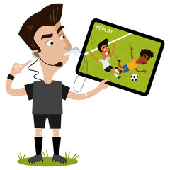 Fußball Cartoon, Schiedsrichter pfeift, zeigt auf sein Headset, hält Tablet und schaut Wiederholung eines Fouls an