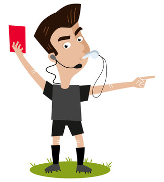 Fußball Cartoon, streng blickender Schiedsrichter pfeift, gibt rote Karte und zeigt nach draußen