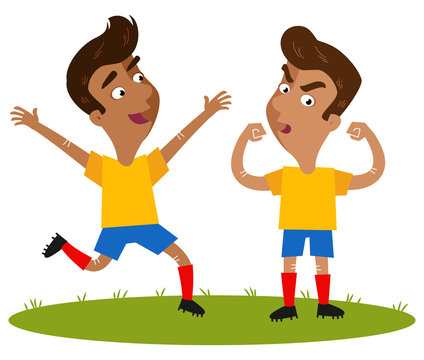 Torjubel, zwei erfolgreiche südamerikanische Cartoon Fußballspieler in gelben Trikots, posieren stolz