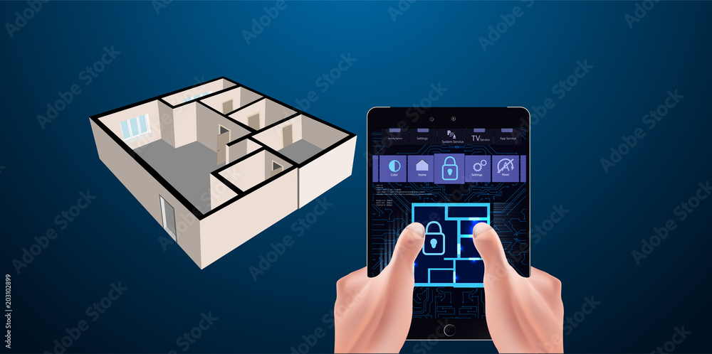 Aufkleber  Smart home system application interface.  Hand touching on tablet screen. Control locks doors and windows over internet of things with tablet application. Security Home System