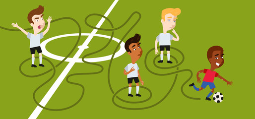 Dribbling, laufstarker Cartoon Fußballspieler spielt alle Gegenspieler aus, Blamage im Fußball