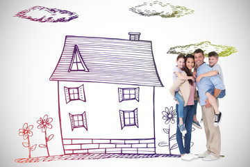 Parents giving piggyback ride to children over white background against white background with...