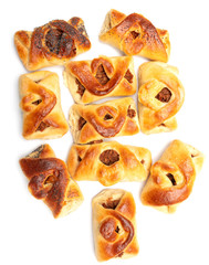 Buns with raisins and jam on a white background