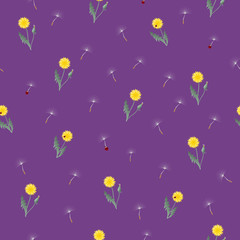 Small dandelion yellow flowers and red ladybugs seamless pattern. Surface floral art design. Great for vintage fabric, wallpaper, giftwrap, scrapbooking. Wildflowers on violet background
