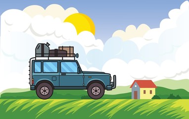 SUV car on rural landscape background with the sun, clouds and a house. Off-road vehicle moving through green meadow. Vector illustration. Flat style. Horizontal.