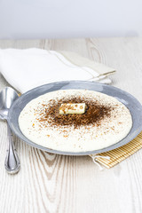 Semolina cream with cocoa powder as sweet breakfast. 