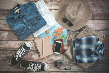 Traveler items vacation travel accessories holiday long weekend  day off travelling stuff background concept style Overhead flat  choice guide idea for planning travel around the world   
