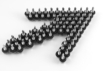 Arrow to the right and up, composed of inverted screws for roofing.