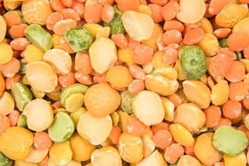 Mixture of yellow and green peas and red lentils is macro