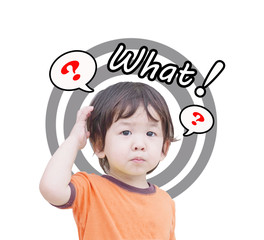 Closeup cute asian kid with confuse motion and question mark icon with what word isolated on white...
