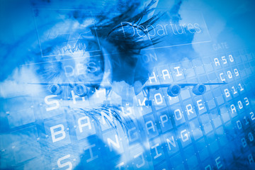 Travel and tourism collage with eyes against blue sky with white clouds