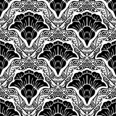 Oriental Chinese botanical flower graphic design for motif vector  in  Porcelain style seamless pattern with black and white tone background 