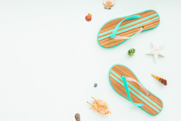 Sea shells on pastel turquoise background. Flat lay, top view