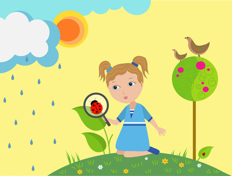 Small girl looks at lady bug and use a optical magnifier, study in the childhood,