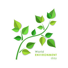 Green paper tree branch. Paper cutout green leaves. World Environment Day, June 5. Eco friendly symbol. Ecology, nature protection concept. Template for banner, poster, leaflet. Vector illustration