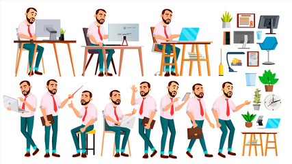 Office Worker Vector. Face Emotions, Various Gestures. Creation Set. Adult Entrepreneur Business Man. Happy Clerk, Servant, Employee. Isolated Flat Illustration