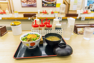Japanese food, set of gyudon, beef and egg on rice with soup