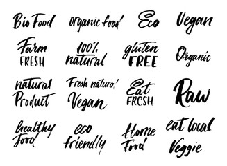 Big set of eco food labels and inscriptions isolated on white background background. Modern brush lettering eco food tags. Healthy food inscriptions for packaging, tags, food etc