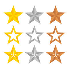 Set of different gold, silver and bronze ranking stars, stock vector illustration