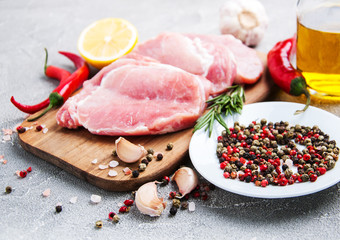 Fresh raw pork chops with spices and herbs