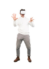 young crazy man with a virtual reallity glasses.full body cutout