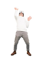young crazy man with a virtual reallity glasses.full body cutout