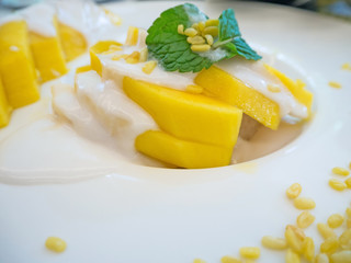 Sweet mango with sticky rice with coconut milk on white plate