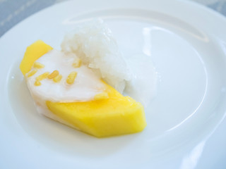 sweet mango with sticky rice with coconut milk on white plate