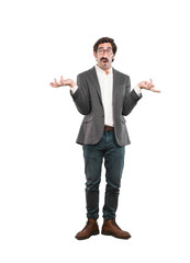 young crazy man thinking confused.full body cutout person agains