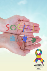 Woman showing her hands against blue sky